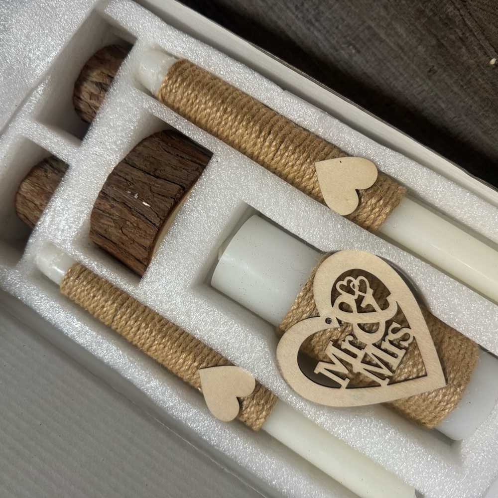 Wedding Unity Candle Set - White & Natural Rope Accent - Picture 2 of 9